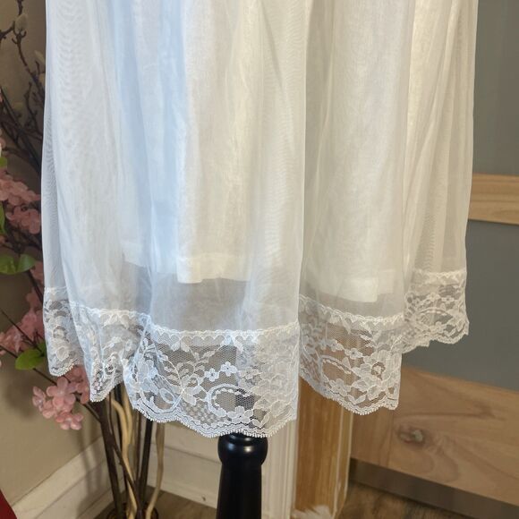 White Sheer Chiffon Lace Trim Nightgown Romantic Bridal Lingerie Slip Dress M - Picture 3 of 9
